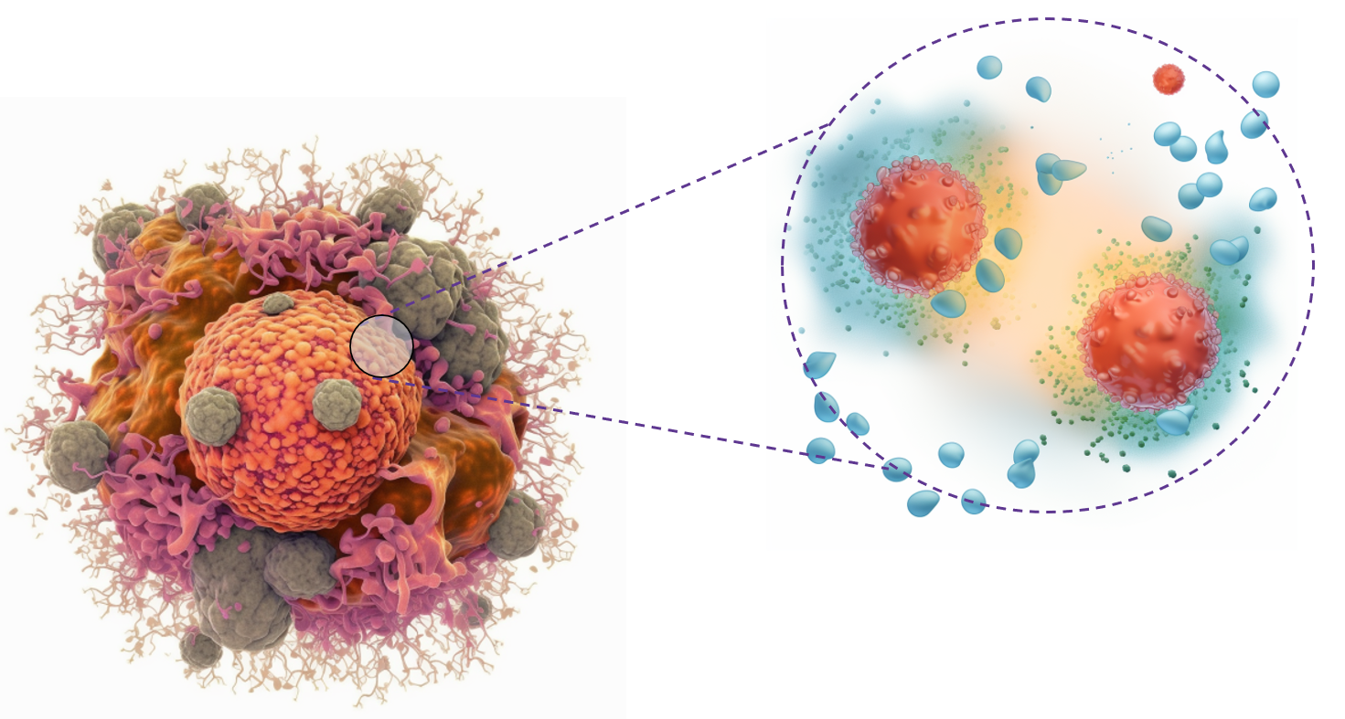 Illustration of a tumour and a close-up of its microenvironment, showing tumour cells surrounded by many different molecules